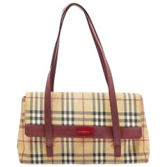 Burberry Beige/Burgundy Haymarket PVC and Leather Flap Tote