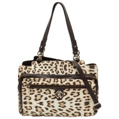 Roberto Cavalli Brown/Beige Leopard Satin and Leather Tote