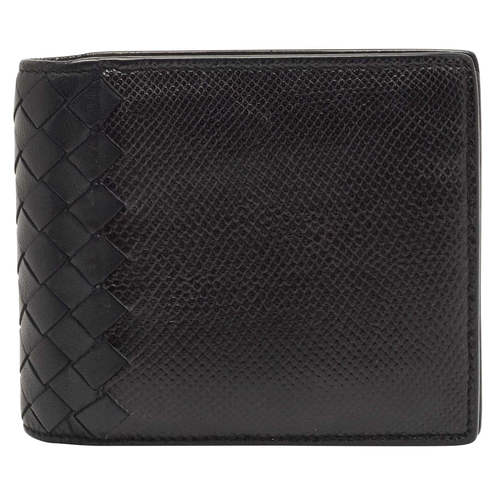 Bottega Veneta Black Intrecciato Karung and Leather Bifold Wallet