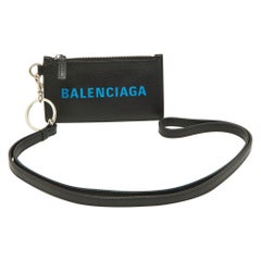 Balenciaga Black/Blue Leather Zip Card Holder with Strap