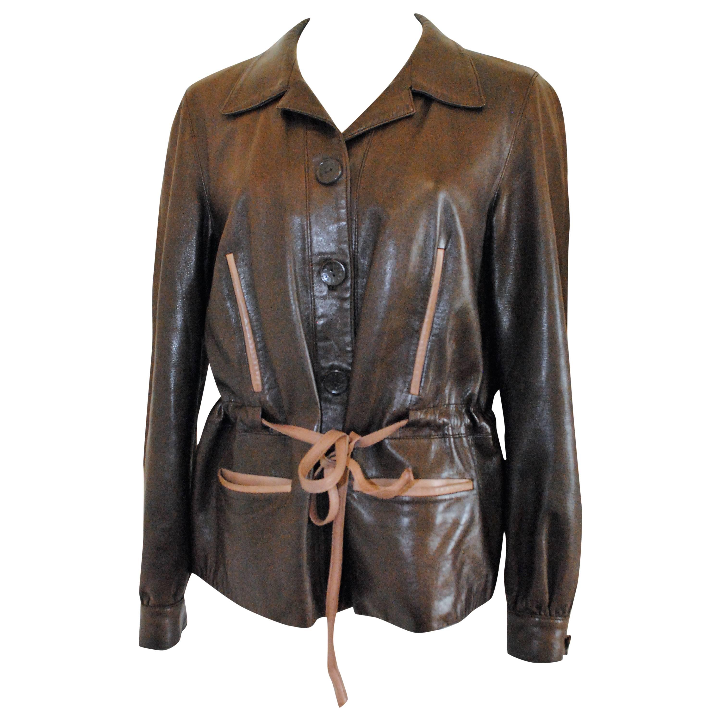 1970s Céline brown leather tie waist jacket
