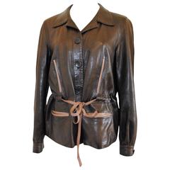 1970s Céline brown leather tie waist jacket