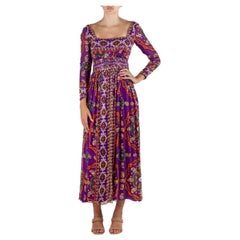 Vintage 1970S ELIZABETH ARDEN Jewel-Tone & Purple Silk Chiffon Beaded YSL Style Gown Wi