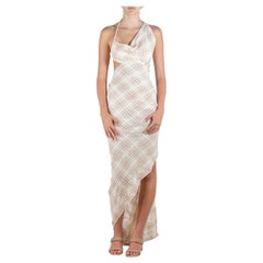 Morphew Atelier A Ecru - Vestito in cotone crepe plaid e pizzo vintage all'uncinetto tagliato in sbieco