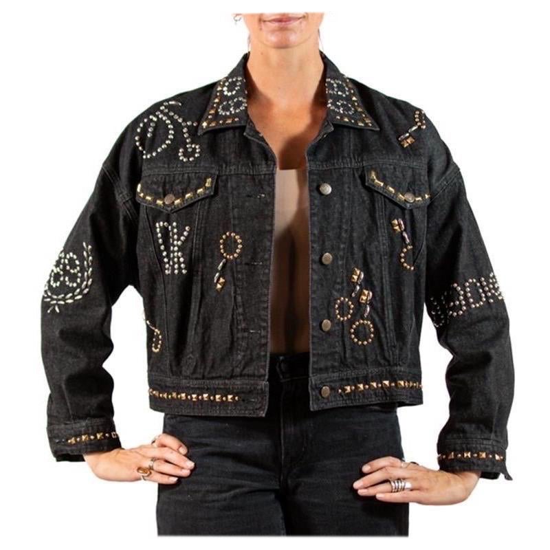 1980S DKNY Black Cotton Denim Studded 1988 Jacket For Sale