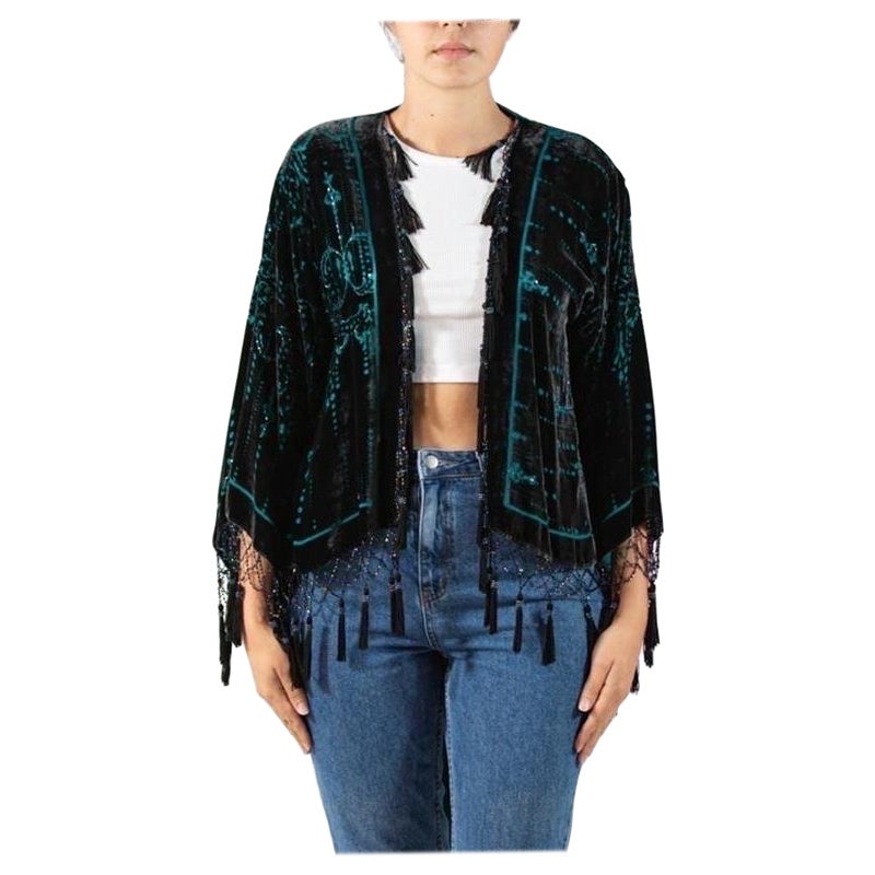 1990S Black & Teal Silk Rayon Burnout Velvet Jacket With Fringe For Sale