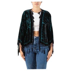 Vintage 1990S Black & Teal Silk Rayon Burnout Velvet Jacket With Fringe