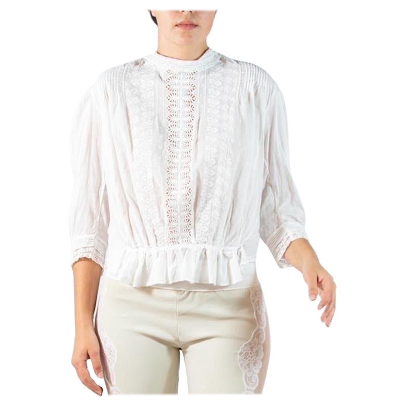 Edwardian White Organic Cotton Eyelet Lace Button Back Blouse For Sale