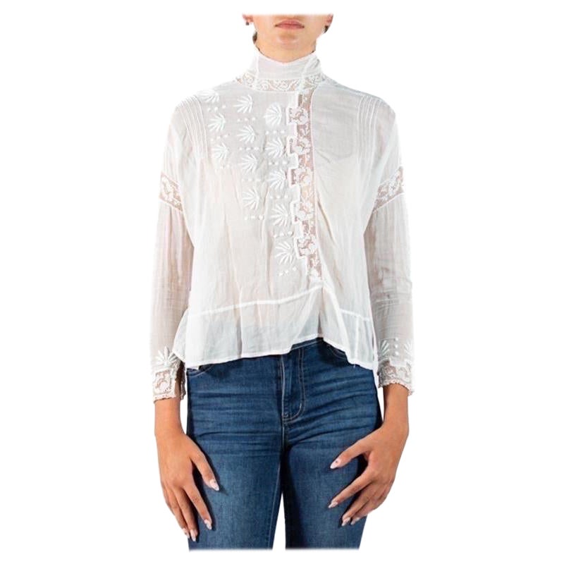 Edwardian White Organic Cotton Voile Floral Embroidered Swan Neck Blouse For Sale