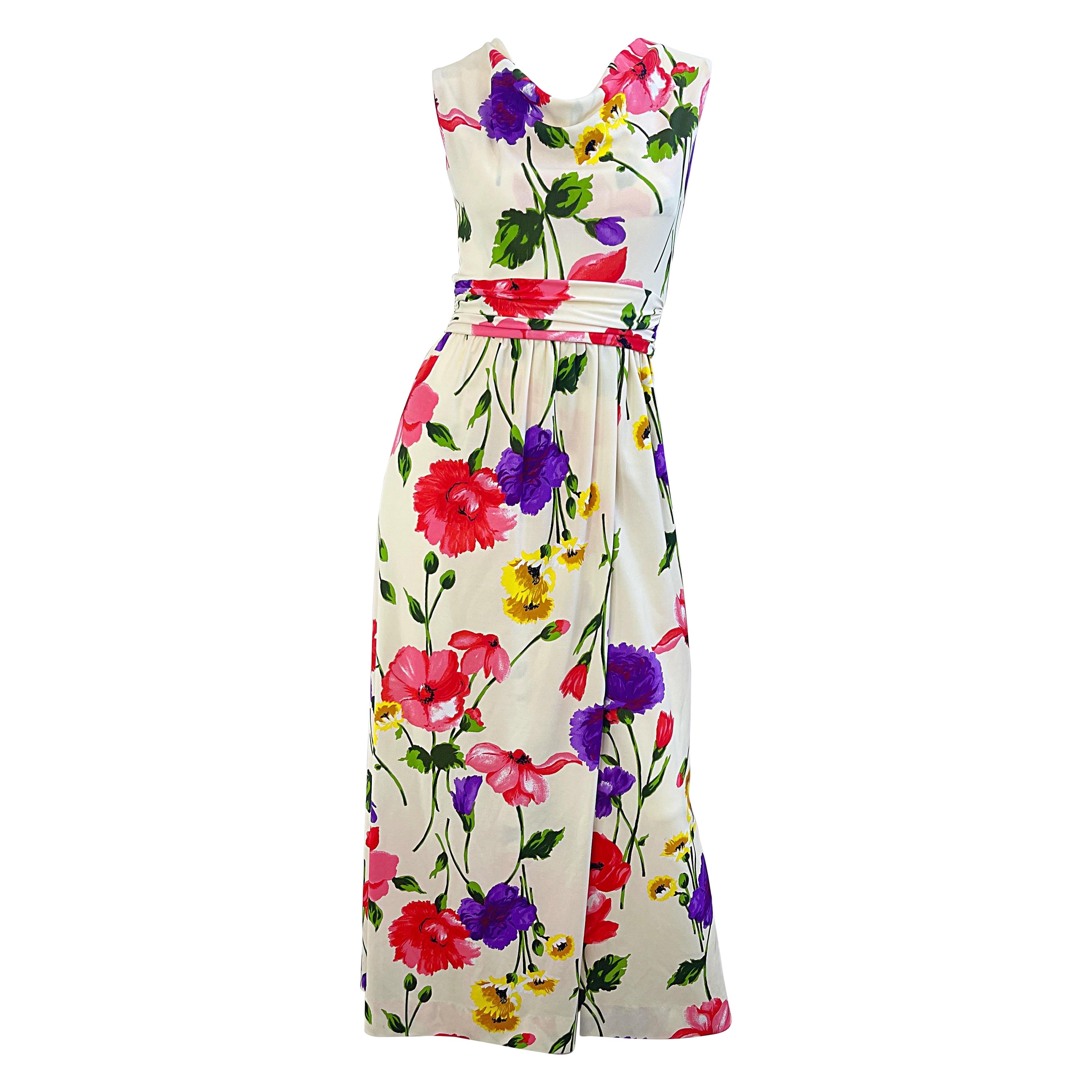 1970s Elinor Gay Flower Printed Cowl Neck Jersey Vintage 70s Maxi Dress Gown For Sale
