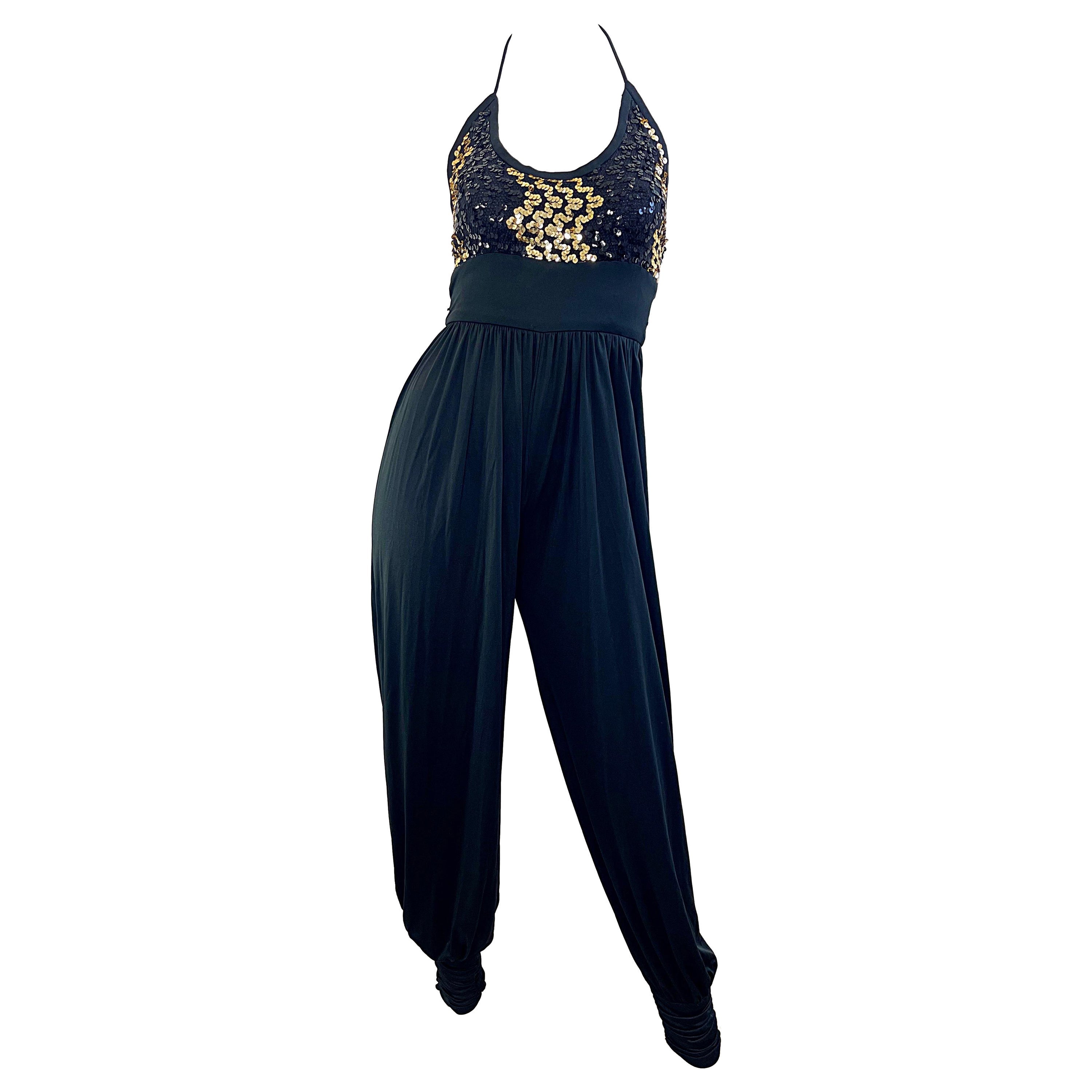Amazing 1980s Black Gold Sequin XS / Small Vintage 80s Disco Studio 54 Jumpsuit For Sale