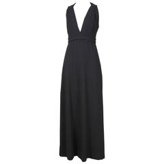 1970's Donald Brooks Black Halter Evening Gown W/Open Back & Rhinestone Buckles 12
