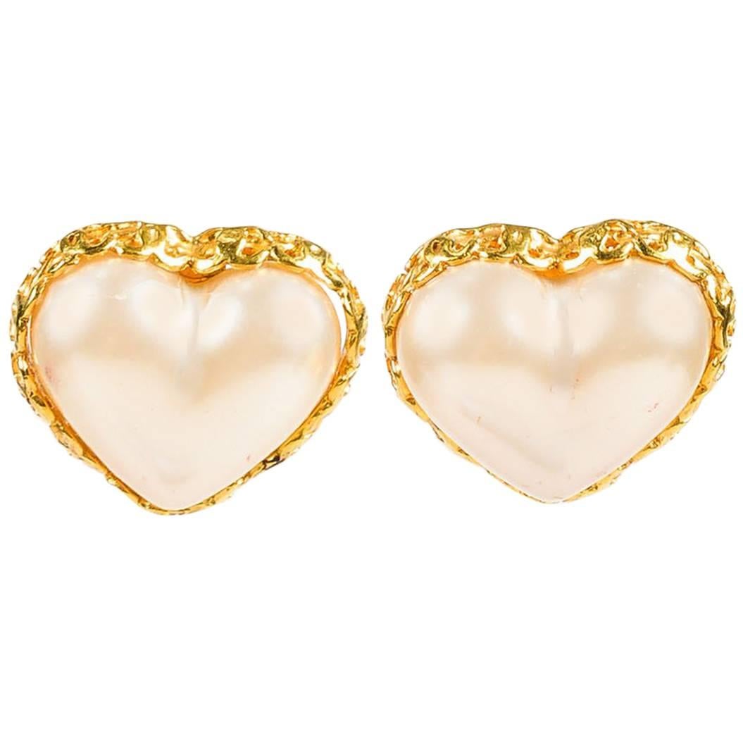 Vintage Chanel Season 28 Gold Tone Faux Pearl Heart 'CC' Clip On Earrings For Sale