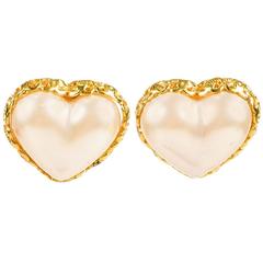 Vintage Chanel Season 28 Gold Tone Faux Pearl Heart 'CC' Clip On Earrings