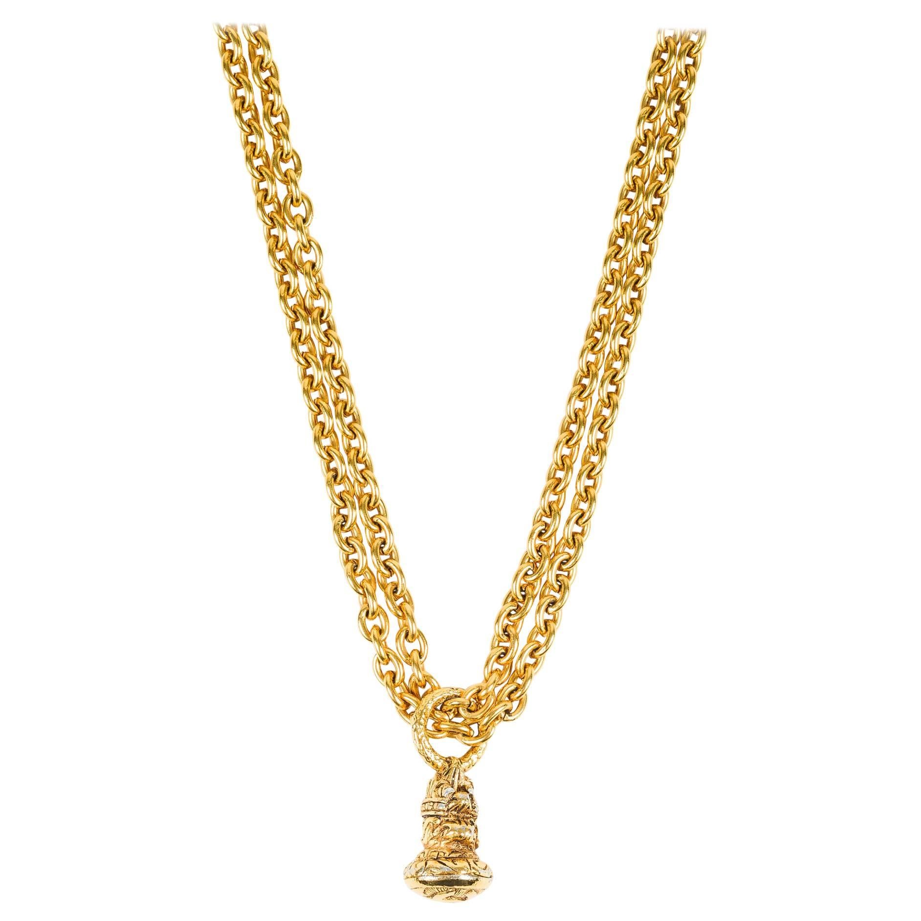 Vintage Chanel Gold Tone Chain Link Double Strand Pendant Necklace For Sale