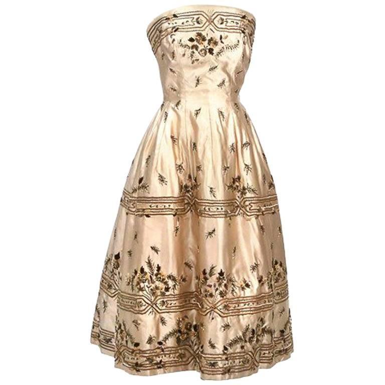 Jacques Fath Embroidered Oyster Silk Cocktail Dress 1954 at 1stDibs