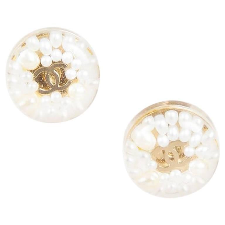 Chanel Transparent Faux Pearl Embellished 'CC' Logo Post Stud Earrings For Sale