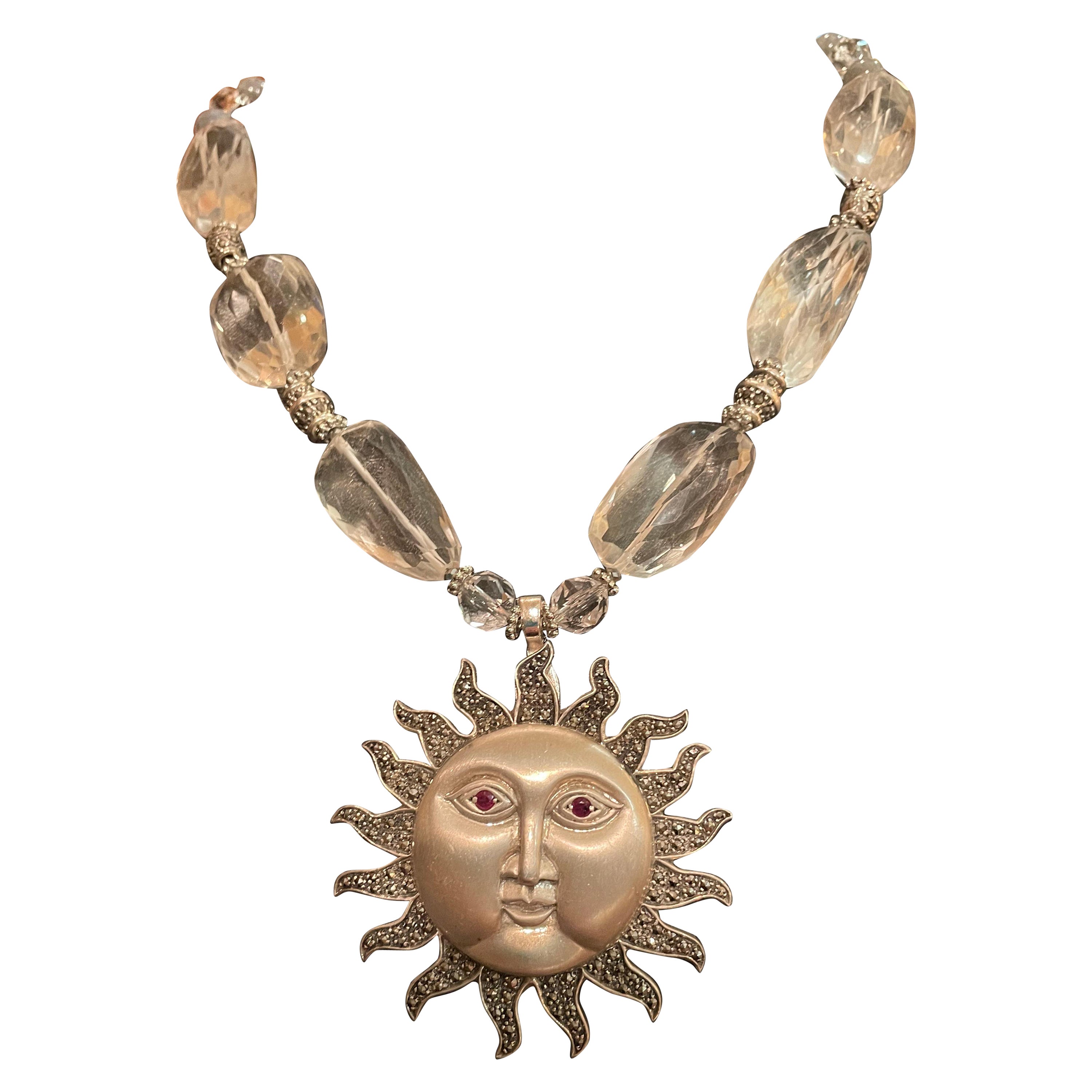 LB offers a mid 20th c. Sterling Marcasite Sun brooch pendant crystal necklace For Sale