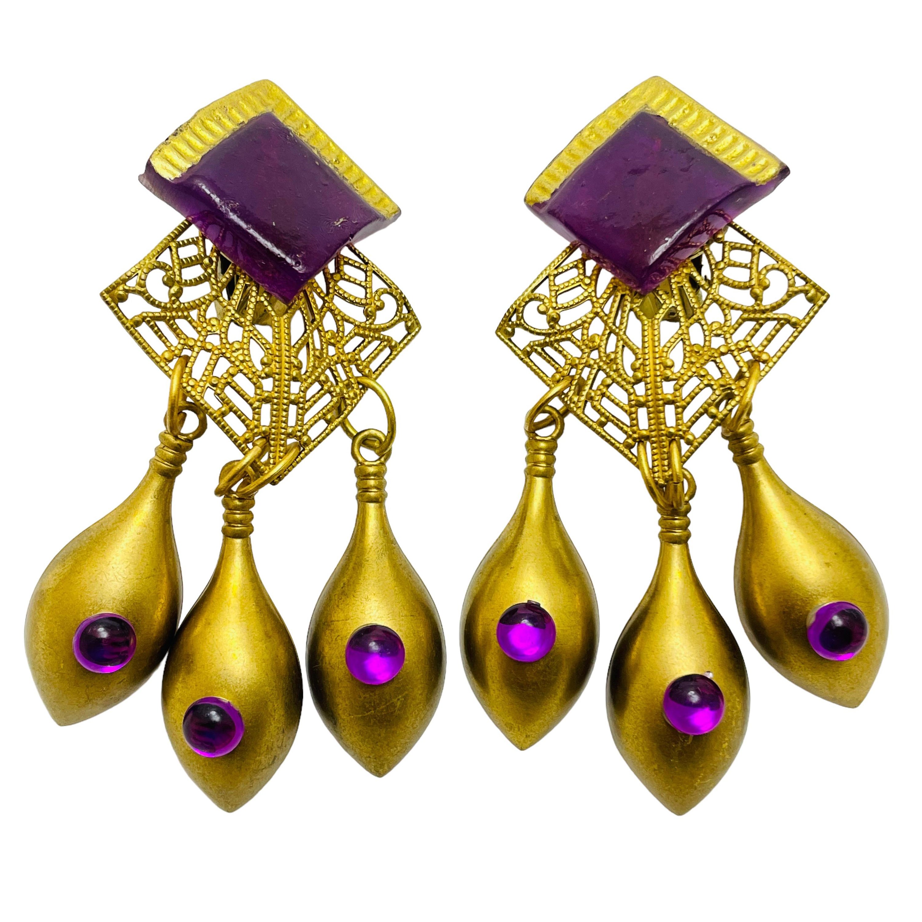 Vintage dark gold purple lucite designer clip on earrings For Sale