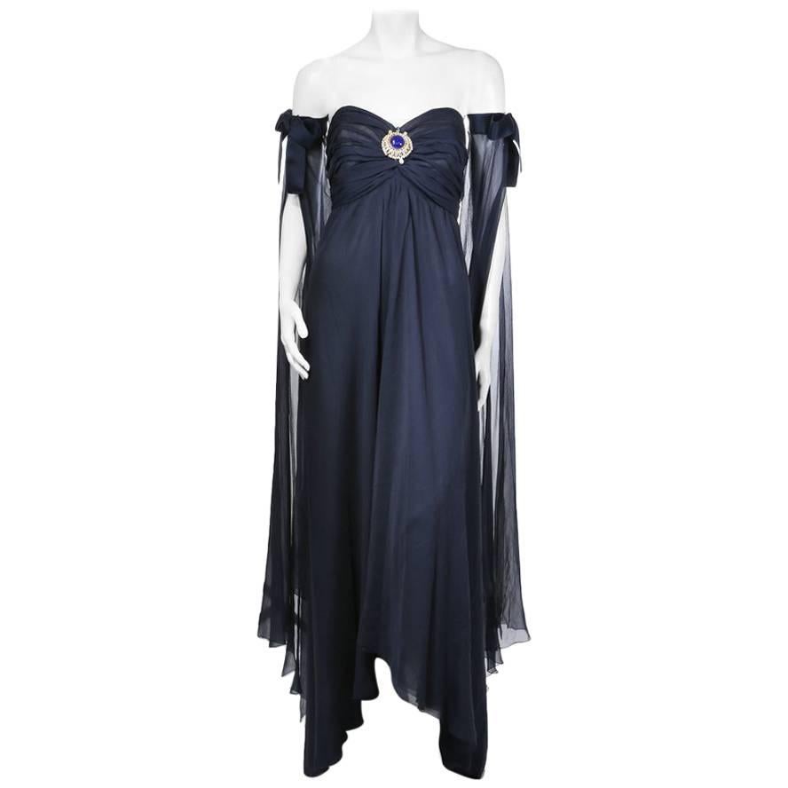 Chanel Haute Couture Navy Chiffon Gown with Gripoix Brooch