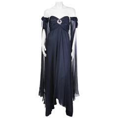 Chanel Haute Couture Navy Chiffon Gown with Gripoix Brooch 1