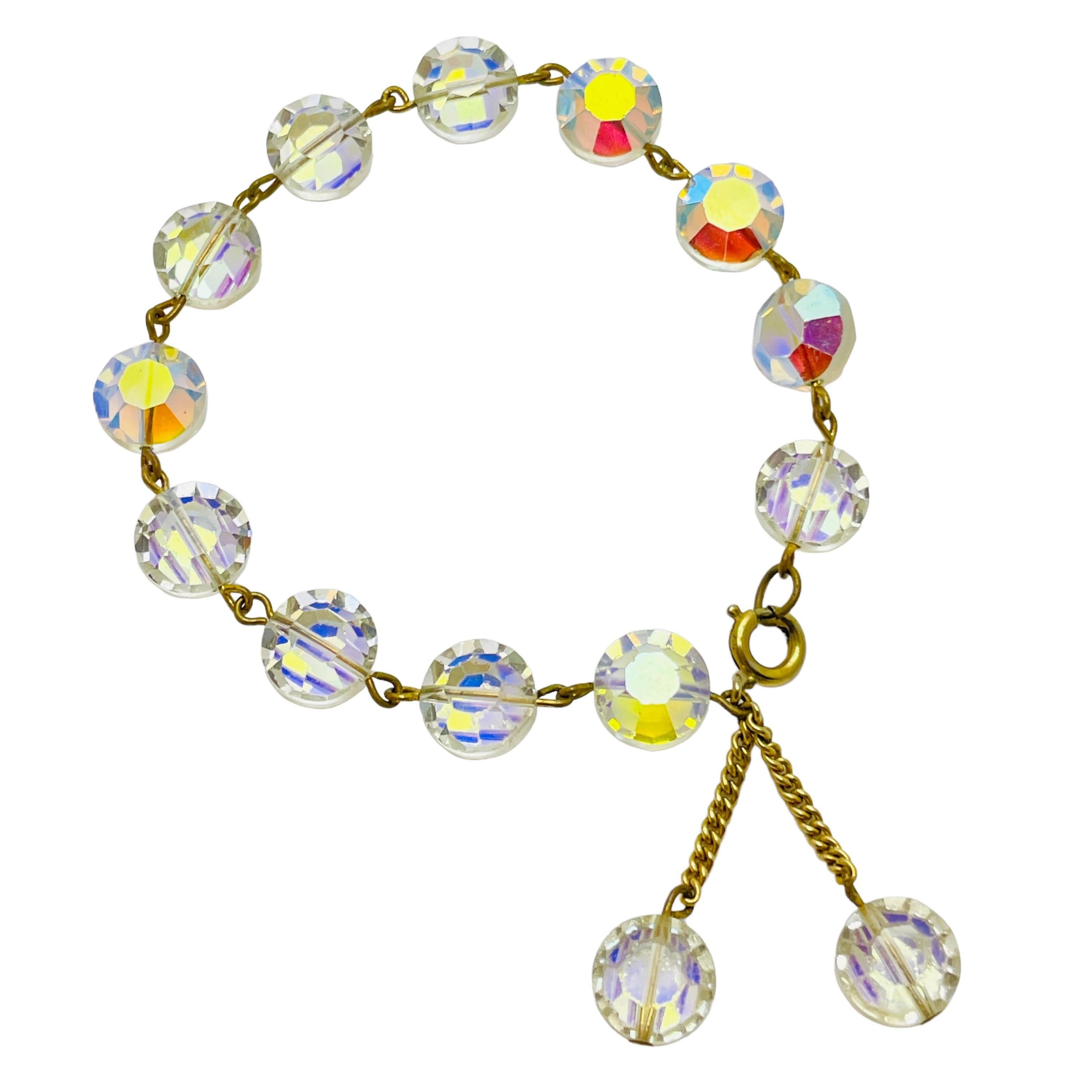 Vintage gold tone aurora borealis crystal beads bracelet