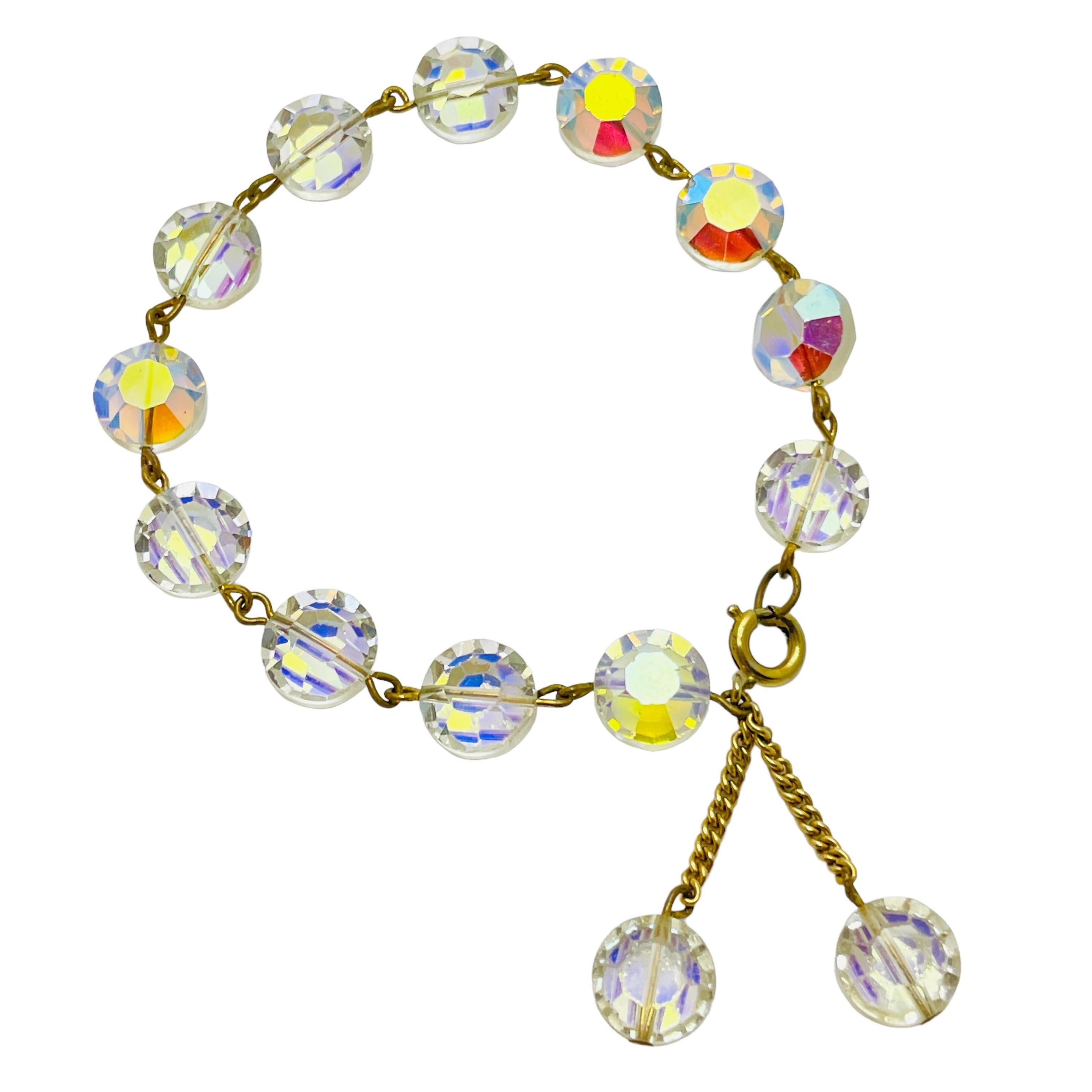 Vintage gold tone aurora borealis crystal beads bracelet For Sale