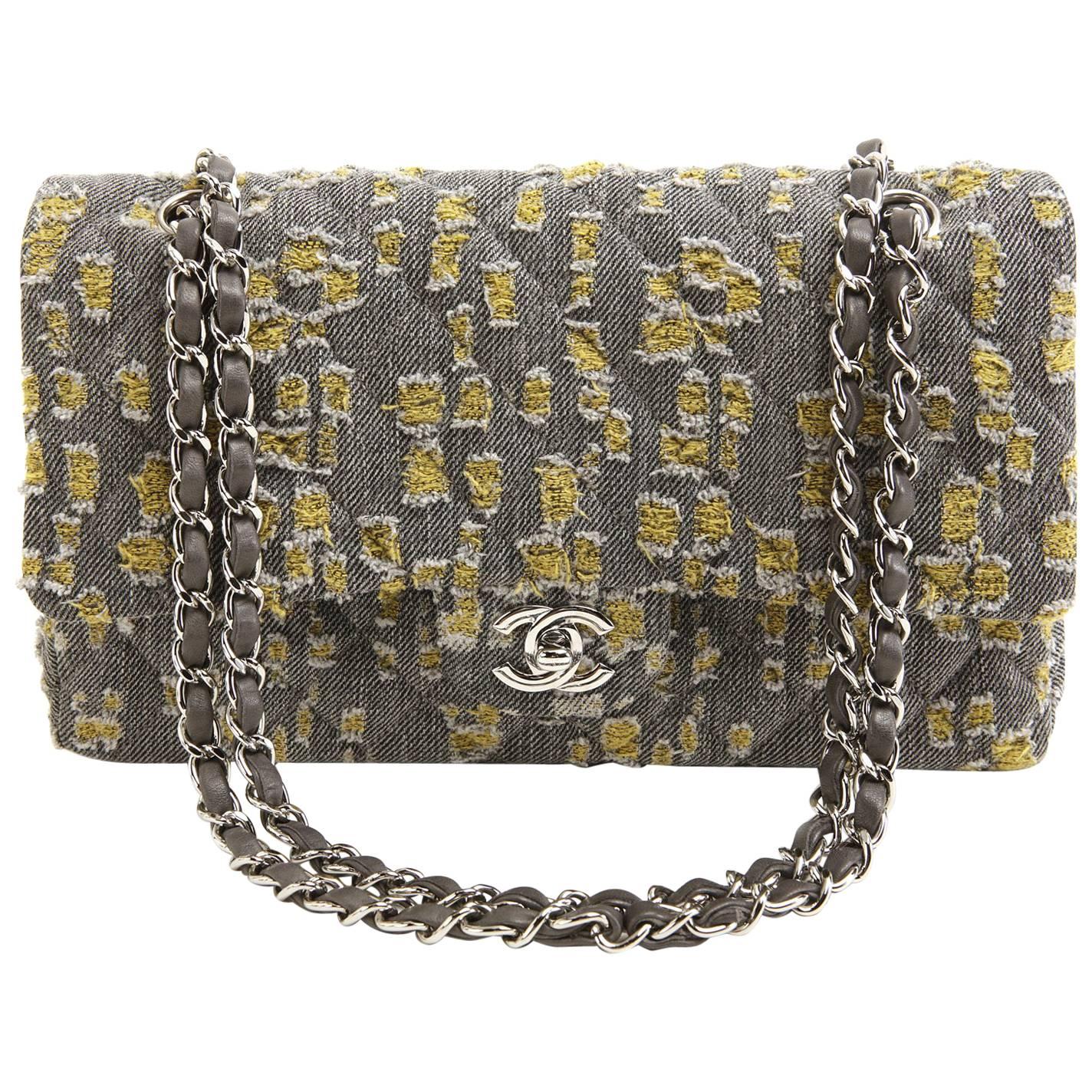 Chanel Grey and Yellow Tweed Double Flap Classic- Medium