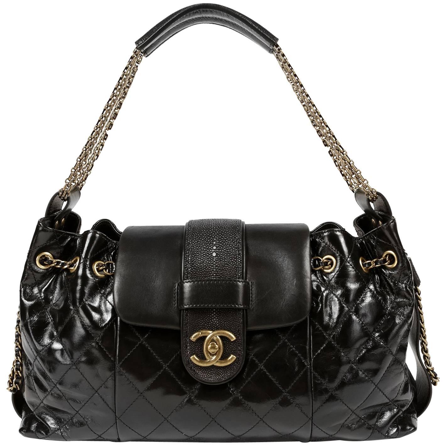 Chanel Black Calfskin and Stingray Accordion Bag For Sale