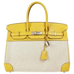 Hermès Soleil Yellow Clemence and Toile 35 cm Birkin Bag