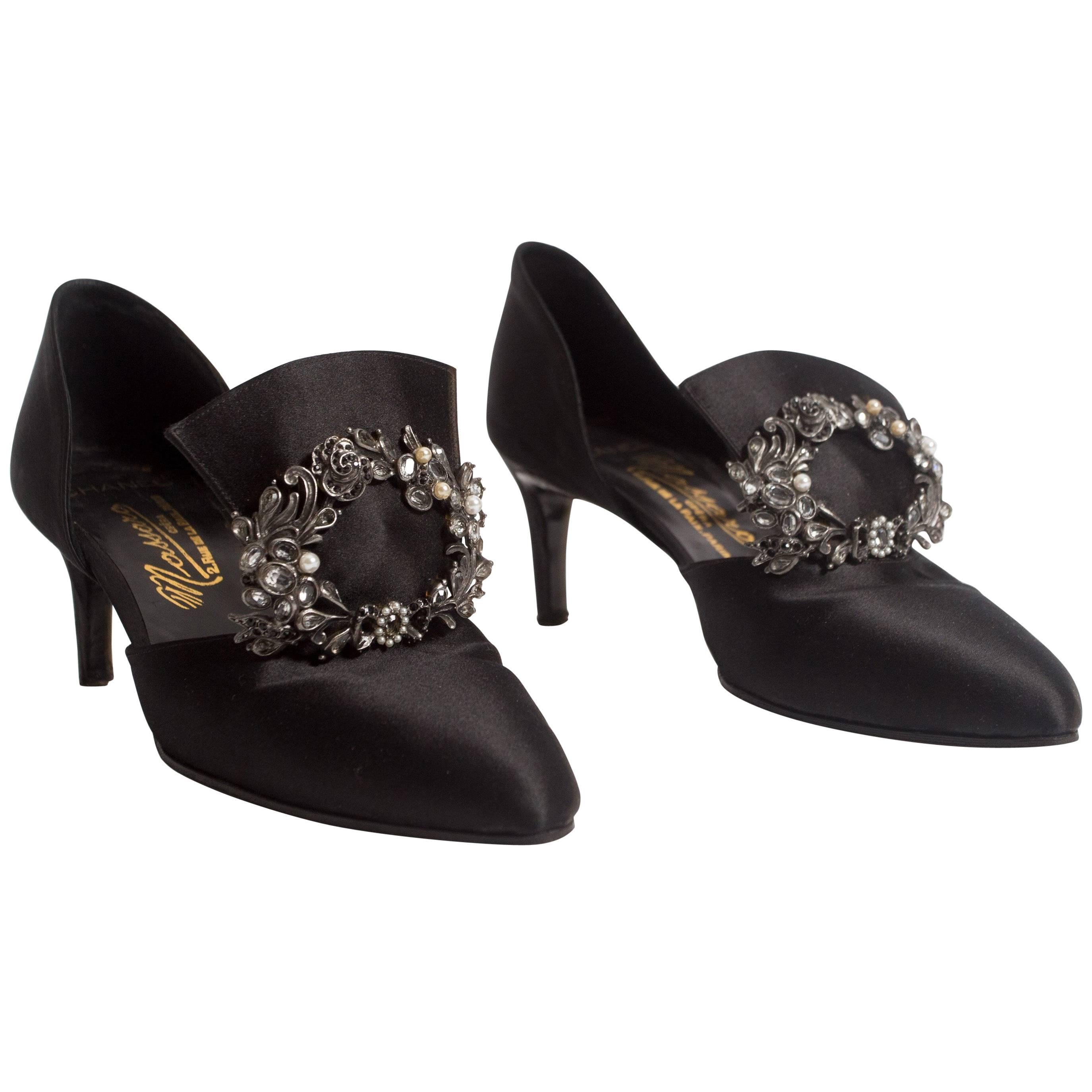 Chanel Haute Couture satin pumps with brooch by Massoro, circa 1950s at  1stDibs