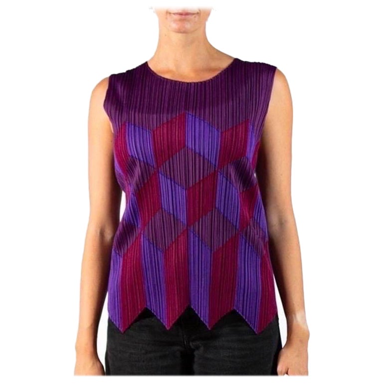 1990S ISSEY MIYAKE PLEATS PLEASE Purple Polyester Geometric Patchwork Top For Sale