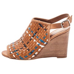 Hermes Tricolor Woven Leather Peep Toe Wedge Slingback Sandals Size 37