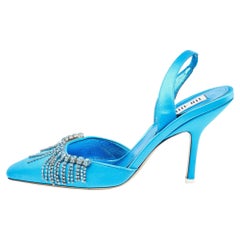 The Attico Blue Satin Crystal Embellished Slingback Pumps Size 38