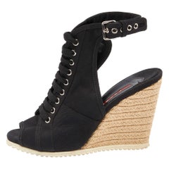 Prada Sport Schwarze Espadrille-Sandalen aus Segeltuch mit Keil und Slingback Größe 38,5