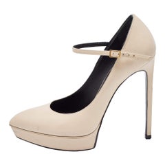 Saint Laurent Beige Leather Janis Mary Jane Pumps Size 37.5