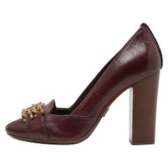 Tory Burch Burgundy Leather Chain Detail Block Heel Pumps Size 39.5