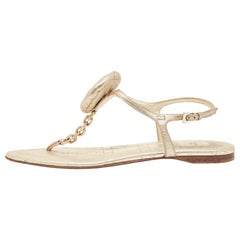 Dior Gold Leather Chain Link T-Strap Flat Sandals Size 39