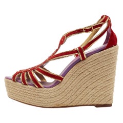 Hermes Red/Gold Suede and Leather Espadrille Wedge Sandals Size 41