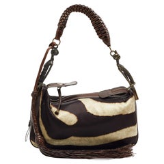 Gianfranco Ferre Brown Zebra Print Satin and Leather Tribe Handle Shoulder Bag