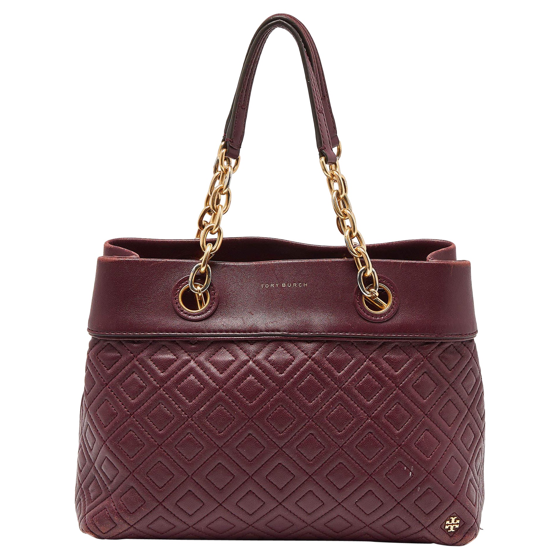 Tory Burch Burgundy Quilted Leather Fleming Satchel For Sale