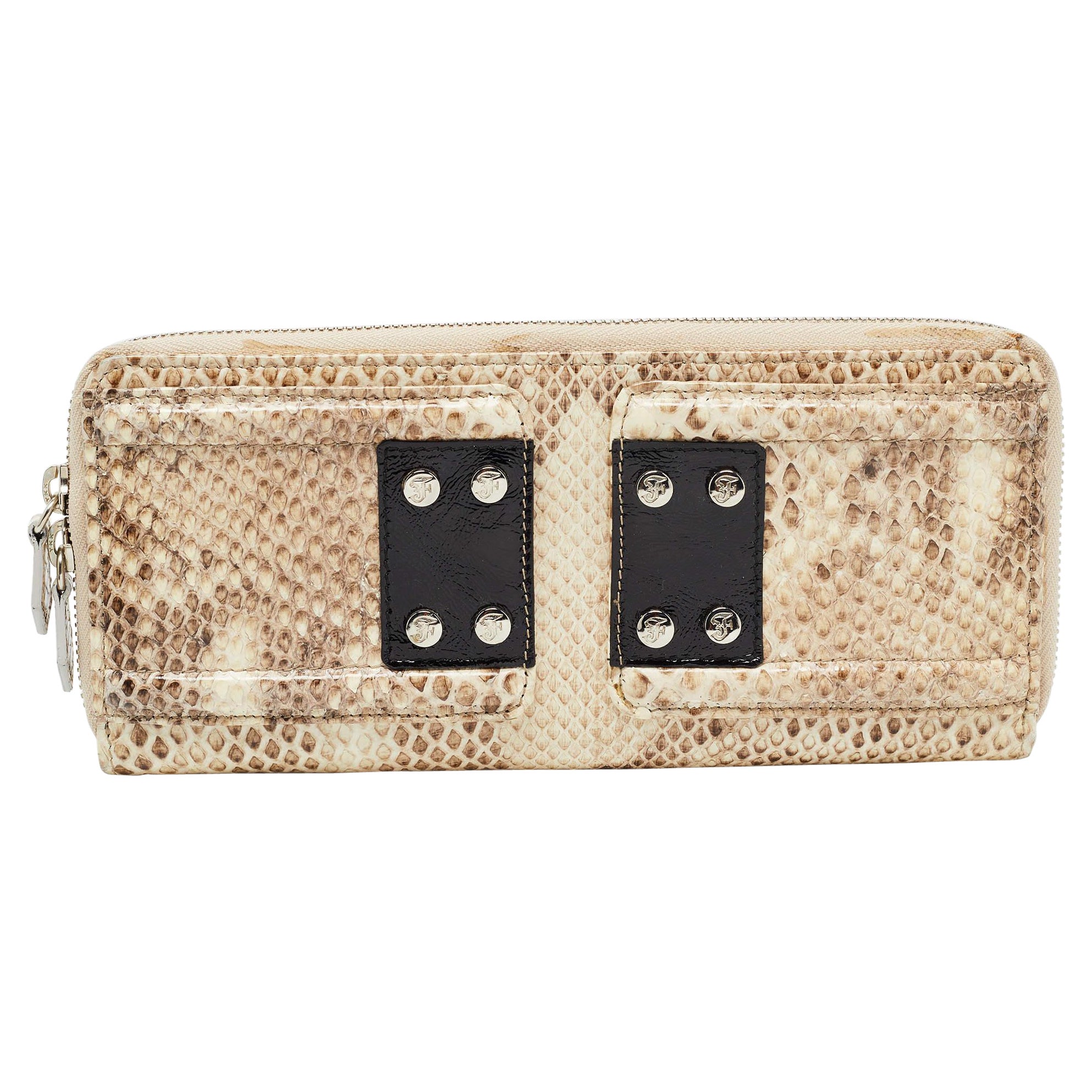 Gianfranco Ferre Beige Watersnake Leather Zip Around Oversized Wallet