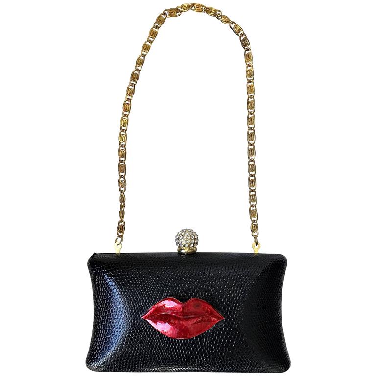 Seltene Iris Lane Vintage 90er Schwarze Eidechsen Minaudière Wandelbare Clutch mit Roten Lippen 1