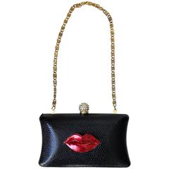 Rare Iris Lane Vintage 90s Black Red Lips Lizard Minaudière Convertible Clutch 8