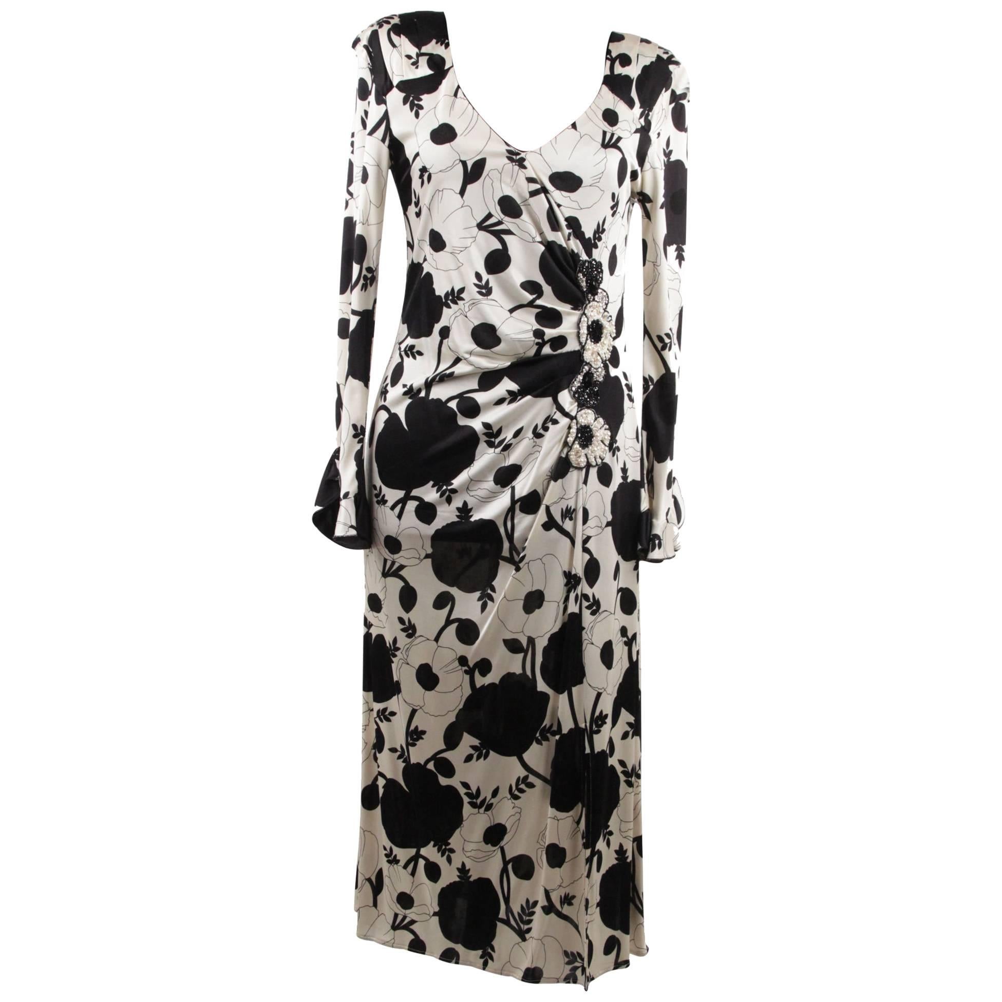 BLUMARINE Black & White Floral SHEATH DRESS Wrap Style w/ Beading