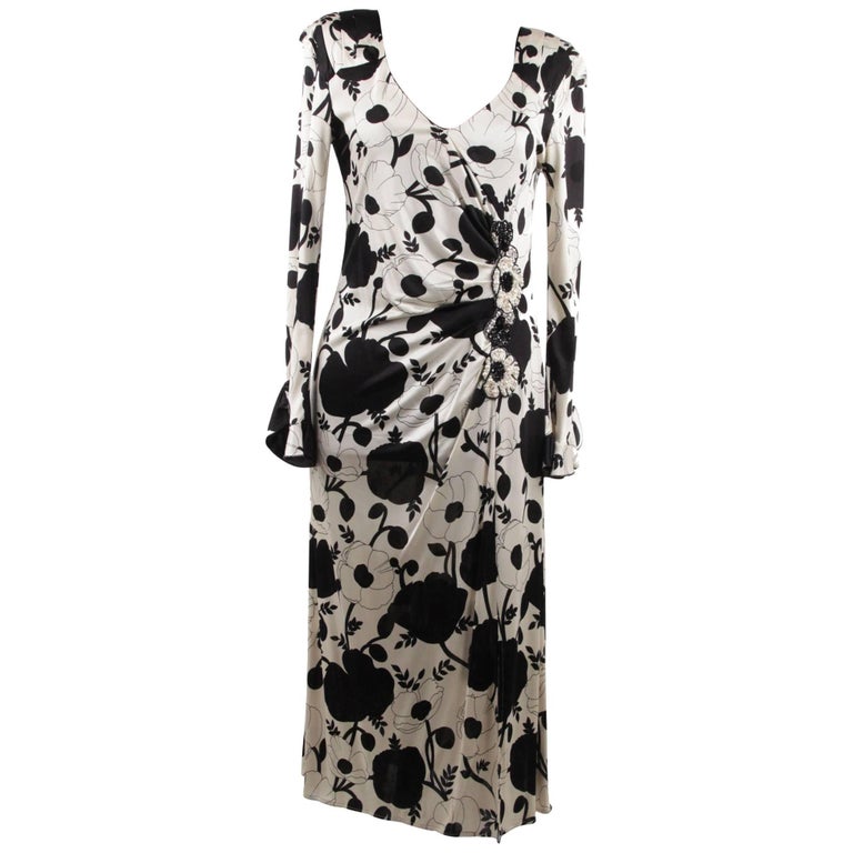 BLUMARINE Black and White Floral SHEATH DRESS Wrap Style w/ Beading For ...