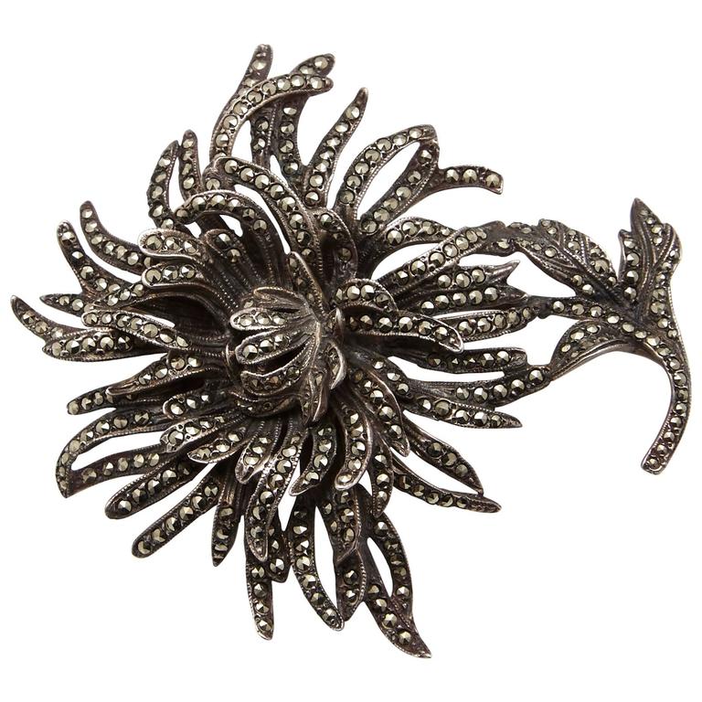 Vintage Silver and Marcasite Chrysanthemum Brooch For Sale at 1stDibs