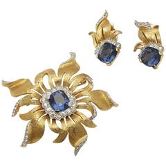 Retro Jomaz Sapphire Brooch & Earrings Set