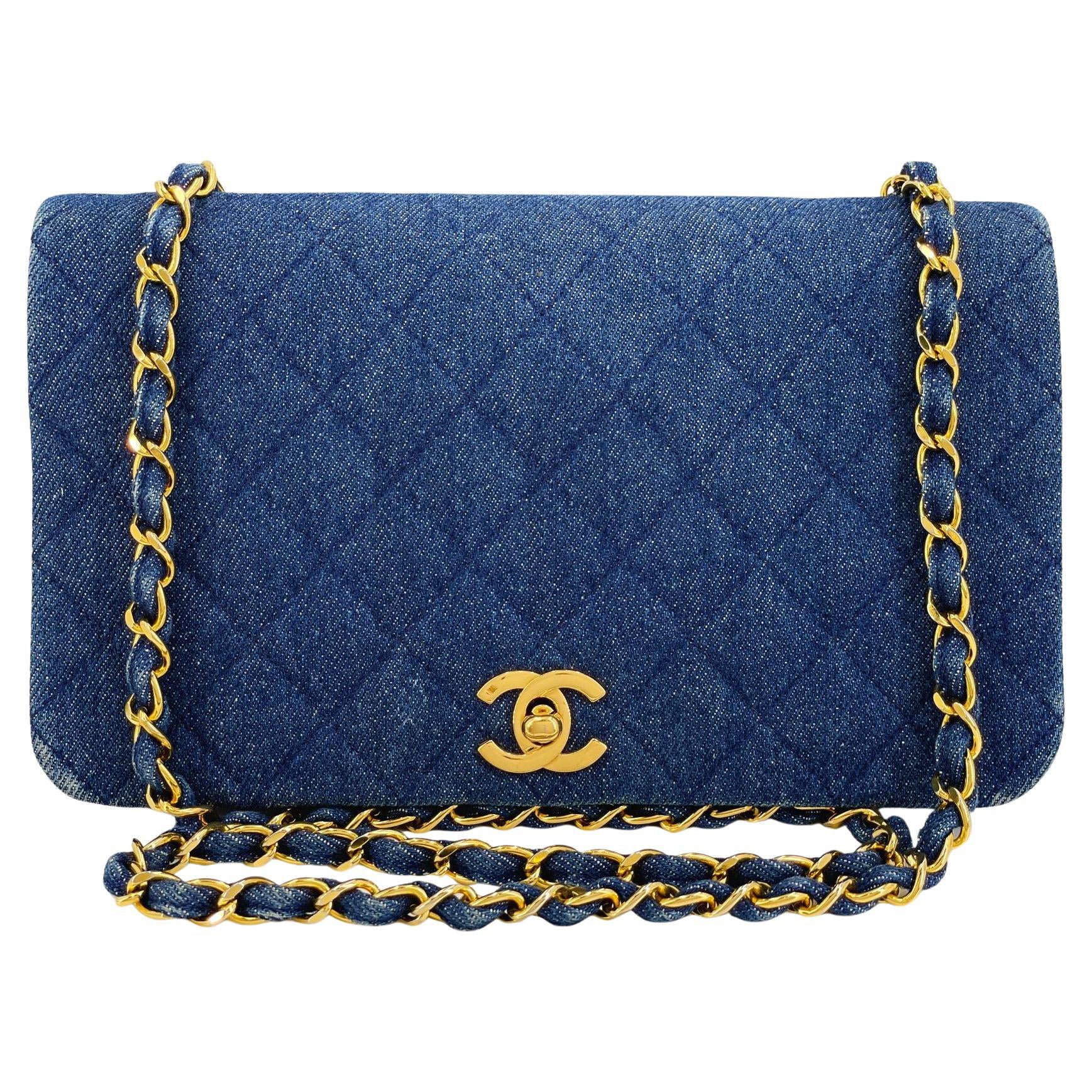 Chanel 1990 Vintage Azul Denim Bolso con Solapa 24k GHW 68206 en venta