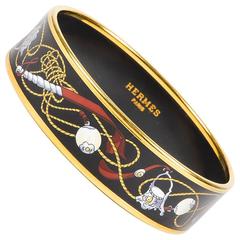 Hermes Black Multicolor Gold Plated Enamel Rope Print Bangle Bracelet SZ 65 1